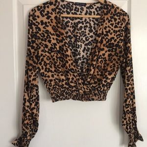 Faux wrap leopard rayon blouse